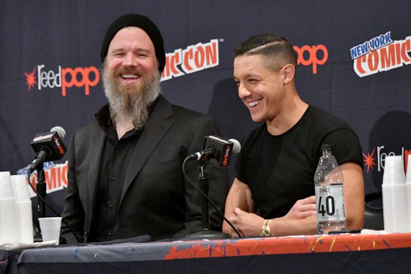 Ryan Hurst and Theo Rossi speak at the Sons of Anarchy panel during 2017 New York Comic Con.