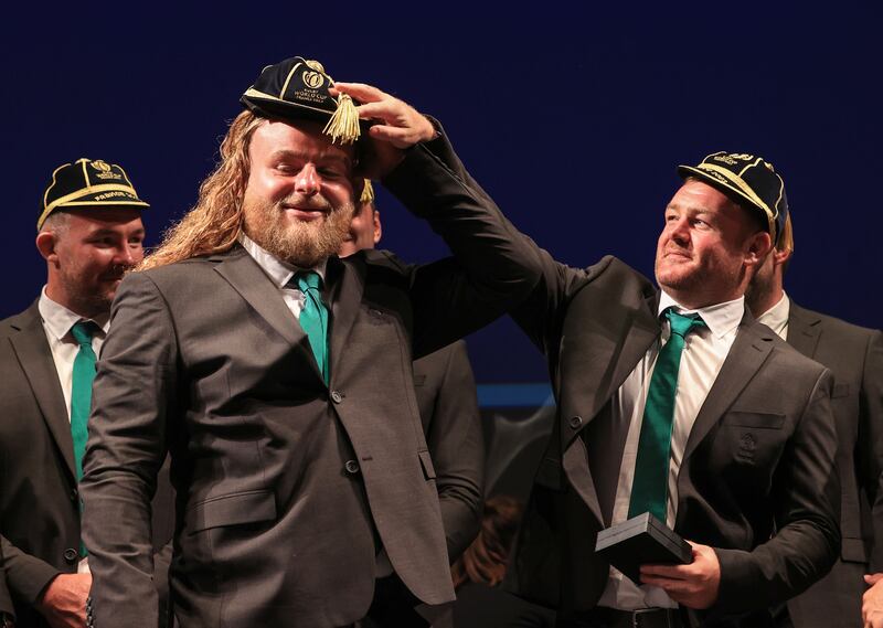 Finlay Bealham and Dave Kilcoyne at ceremony. Photograph: Dan Sheridan/Inpho