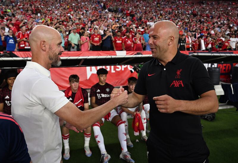 Erik ten Hag and Arne Slot ahead of the preseason game between Manchester United and Liverpool at Williams-Brice Stadium in Columbia, South Carolina. Photograph:  Andrew Powell/Liverpool FC via Getty Images