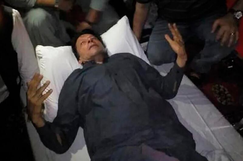 Pakistan's former prime minister Imran Khan after he was shot in Wazirabad on Thursday. Photograph: Pakistan Tehreek-e-Insaf/AP