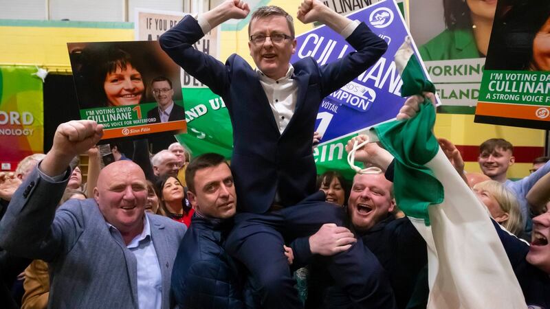 Sinn Féin’s  David Cullinane is held aloft at the Waterford  count centre  after topping the poll. Photograph: Patrick Browne