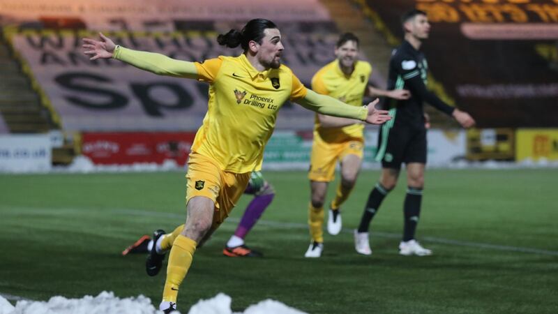 Ciaron Brown of Livingston celebrates scoring the opening goal during the  Scottish Premiership match against Celtic at Tony Macaroni Arena. Photograph:  Ian MacNicol/Getty Images