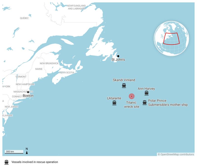 Submersible Titan Titanic search map