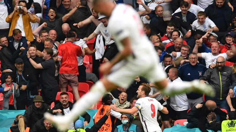 England’s   Harry Kane celebrates scoring their second goal. Photograph: Getty Images