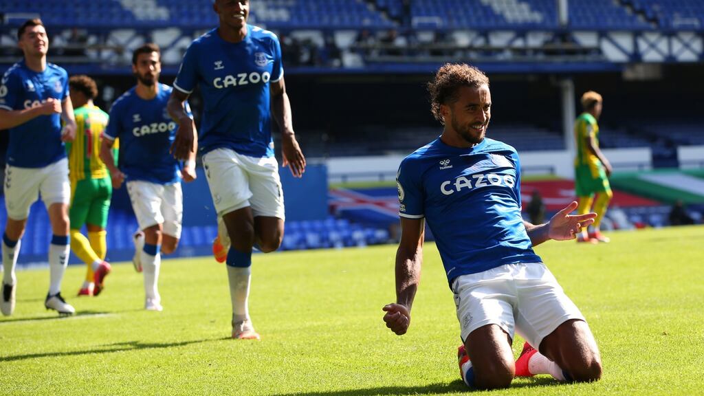 Dominic Calvert-Lewin of Everton celebrates scoring Everton’s fifth against West Brom. Photograph: Alex Livesey/EPA