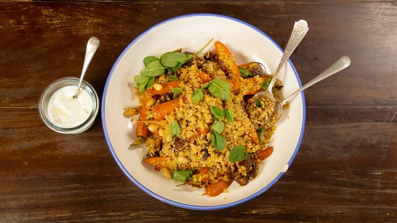 Roasted spring carrot salad with bulgur, yoghurt and dates. Photograph: Patrick Browne
