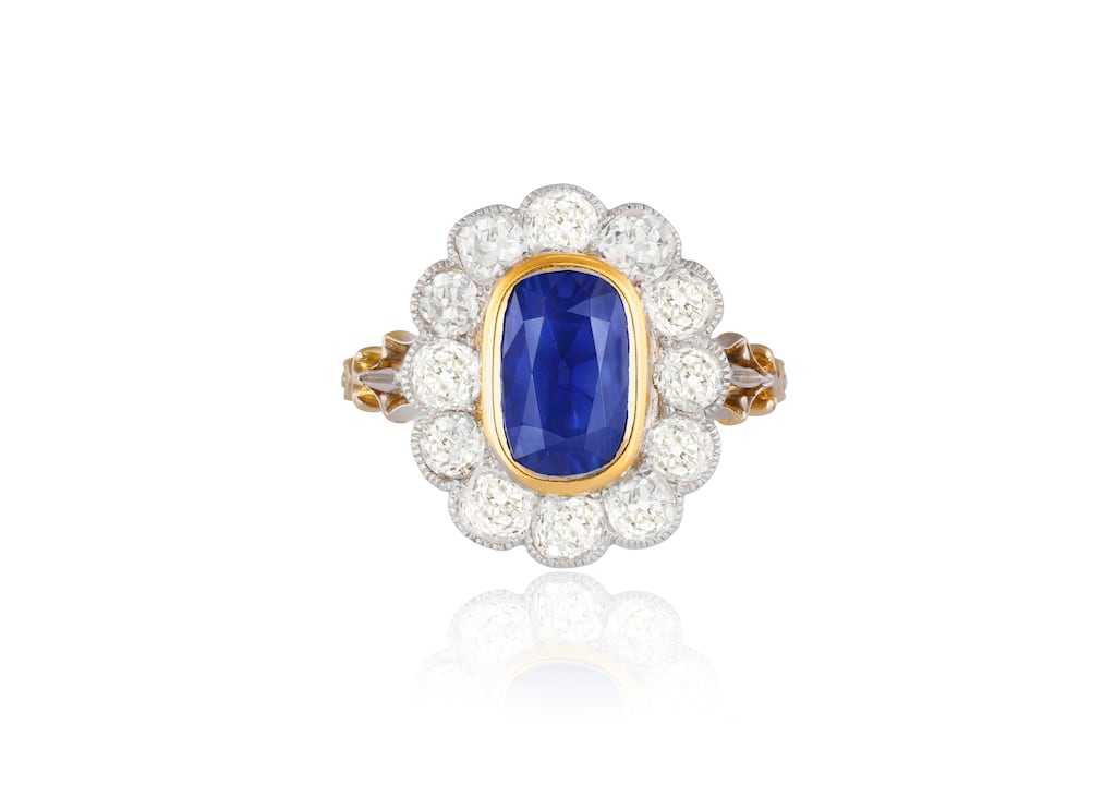 Kashmir sapphire in the centre of a cluster of diamonds on a ring, has an estimate of €50,000-€90,000 at Adam's Fine Jewellery and Ladies' Watches auction