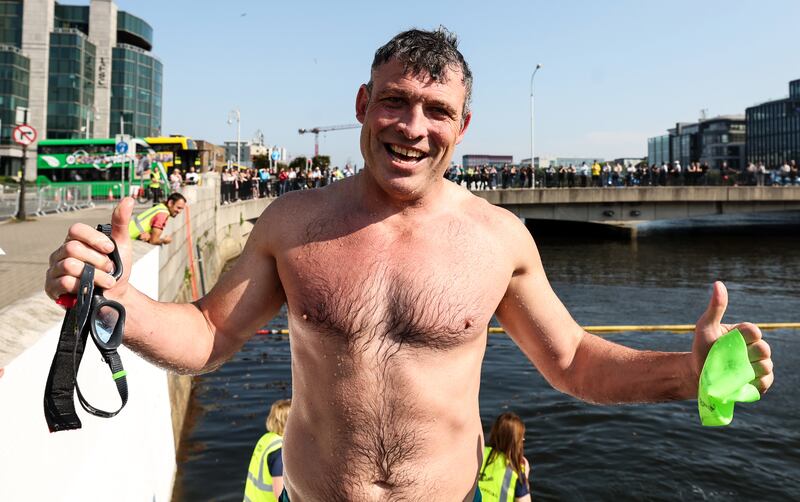 Liffey Swim men's event winner Paul Mulvehill after the race.  Photograph: Ben Brady/Inpho