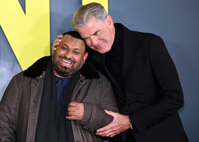 Naseem Hamed and Pierce Brosnan at  the 'Giant' UK Gala Screening in London. Photograph: Kate Green/Getty Images