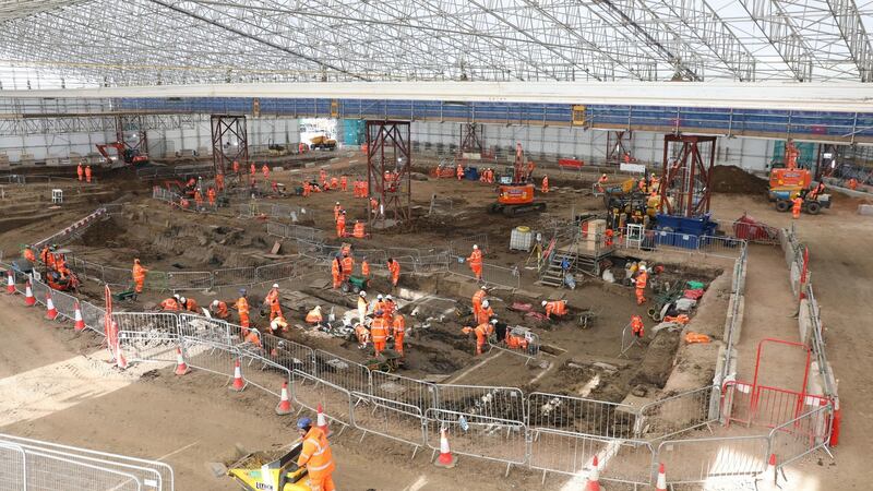Archaeologists working on the HS2 project in St. James’s burial ground, Euston, London. Photograph: HS2 Ltd/PA