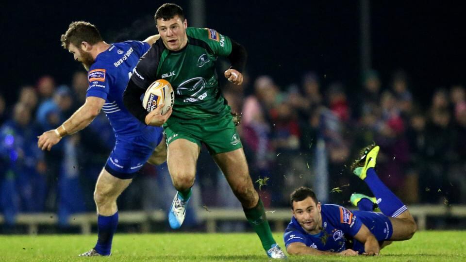 Connacht’s Robbie Henshaw bursts past Gordon D’Arcy and Dave Kearney of Leinster. All thre are named in Schmidt’s Ireland squad. Photograph: James Crombie/Inpho