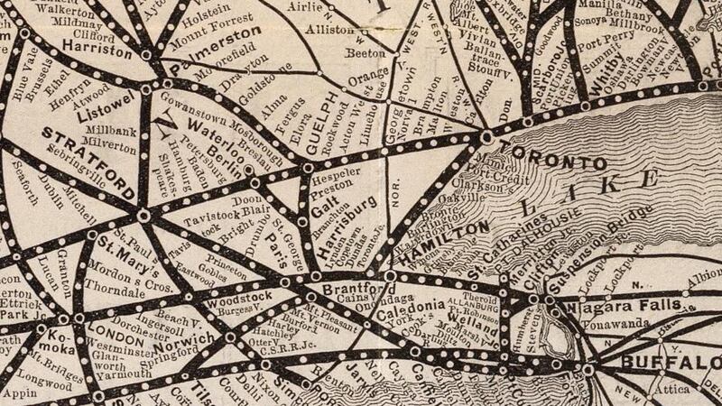 Extract from the 1885 Grand Trunk Railway map showing the town of St Mary’s and the city of Toronto. Eaton moved from the former to the latter in 1867. Photograph:  Wikimedia Commons, Public Domain