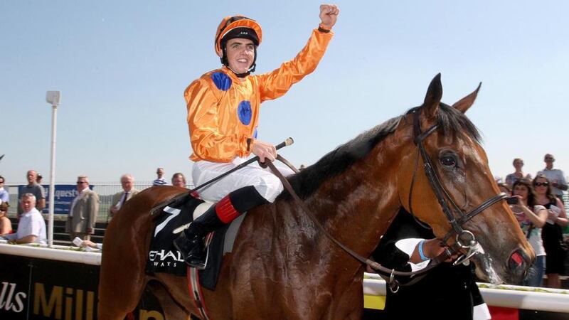 Jockey Martin Harley on Samitar Mandatory at the Curragh. Photograph: INPHO/Lorraine O’Sullivan