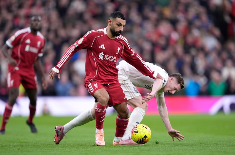 Liverpool's Mohamed Salah in action against Nottingham Forest's Elliot Anderson. Photograph: Peter Byrne/PA