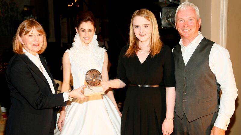 Jennifer Young receiving her Excellence in Craftsmanship award at the National Tailoring Academy. Photograph: Kieran Harnett