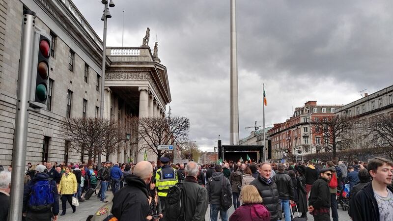 Crowds gather outside the GPO, O’Connell Street, Dublin, on Sunday, April 24th, 2016, ahead of a speech by Northern Ireland Deputy First Minister Martin McGuinness of Sinn Féin on the podium, to mark the calendar centenary of the Easter Rising. Photograph: Peter Smyth/The Irish Times