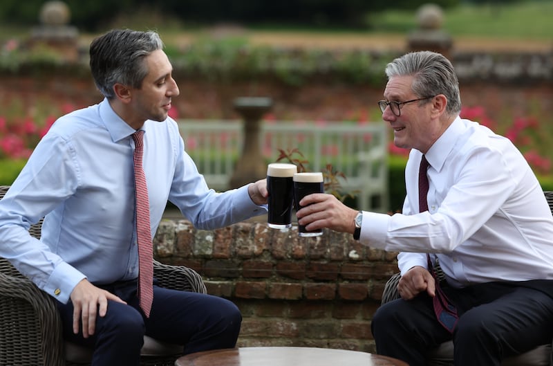 Simon Harris, then taoiseach, UK prime minister Keir Starmer at Chequers in July 2024