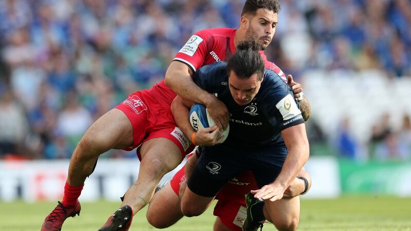 James Lowe in action against Toulouse in the Champions Cup semi-final: Scott Fardy and James Lowe are able to do when it really matters. I think it’s safe to say they were the difference against Toulouse.” Photograph: Billy Stickland/Inpho