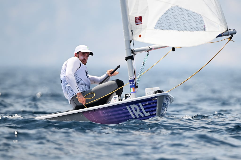 Finn Lynch of Team Ireland competing in the dinghy ILCA medal race in Marseille, France. Photograph: Clive Mason/Getty Images