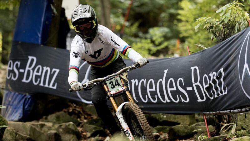 Oisín O’Callaghan in action wearing his  World Championship winning rainbow jersey. Photograph:  Isac Paddock
