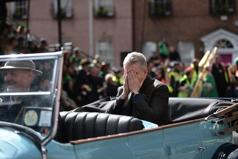  Patrick Kielty, Grand Master of the parade holds his hands to his face during the St. Patrick's Day parade. This year's theme of the parade is Spréach, the Irish word for Spark,  which is said to represent the unique essence of Ireland and its people. The parade started at midday on Parnell Square North down then moves to O'Connell Street and crosses the River Liffey. (Photo by Charles McQuillan/Getty Images)