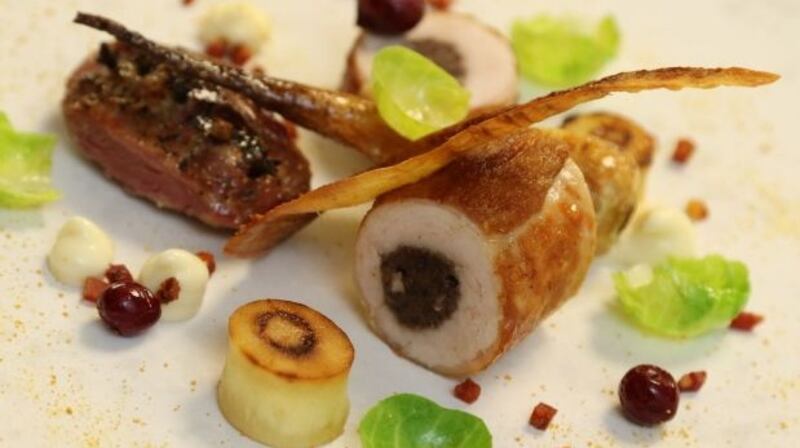 Something for the show-off: Derry Clarke’s turkey stuffed with black pudding, served with bacon cheek, parsnips and chorizo crumb