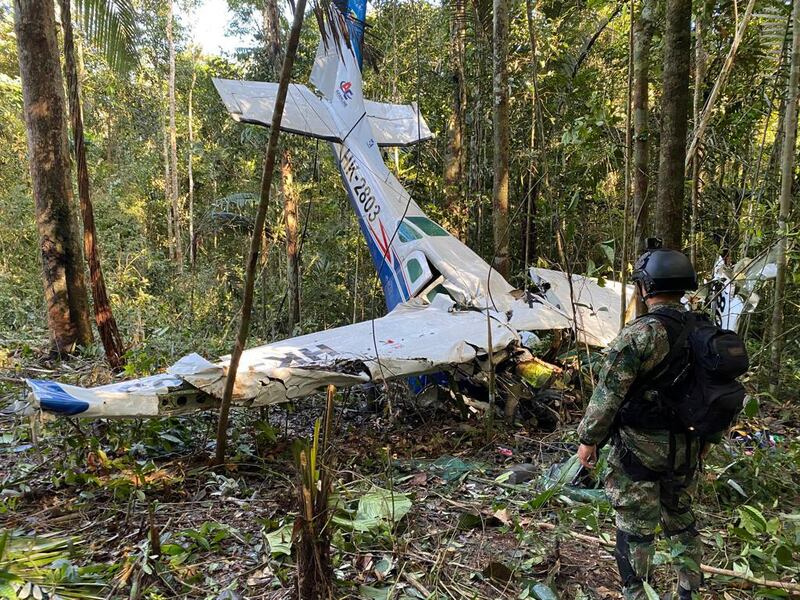 The small plane which crashed in the Amazon jungle in Colombia on May 1st. Three adults on board died, and four children, the youngest aged one, went missing. Handout photograph: Colombia’s Armed Forces Press Office via AP