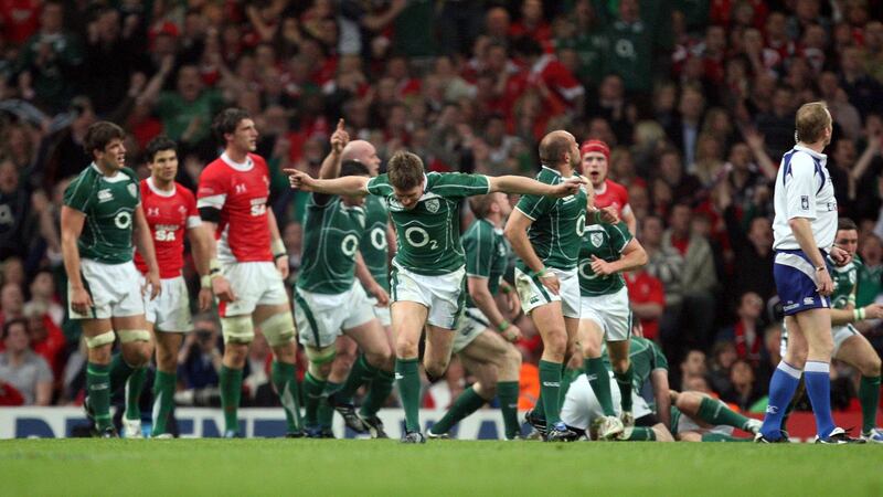 Ireland’s Ronan O’Gara celebrates scoring a vital drop goal in the famous Grand Slam-winning victory over Wales in Cardiff  in  2009. Photograph: Dan Sheridan/Inpho