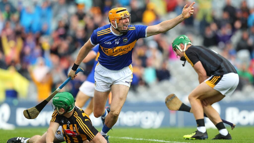 Tipperary’s Séamus Callanan celebrates scoring their second goal during the All-Ireland SHC semi-final against Kilkenny. Photo: Ryan Byrne/Inpho
