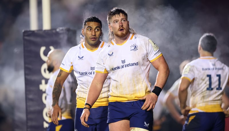 Leinster's Rieko Ioane (left) and Joe McCarthy during the game against Leicester. Photograph: James Crombie/Inpho