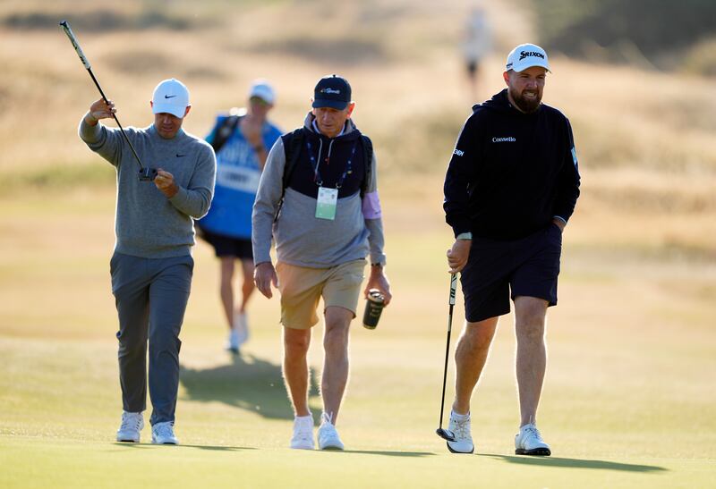 Rory McIlroy, Brad Faxon and Shane Lowry during a practice round ahead of the Open at Royal Birkdale. Photograph: Peter Byrne/PA Wire