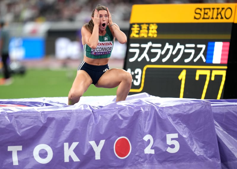 Ireland's Kate O'Connor reacts after clearing 1.86m for a new personal best. Photograph:  Martin Rickett/PA