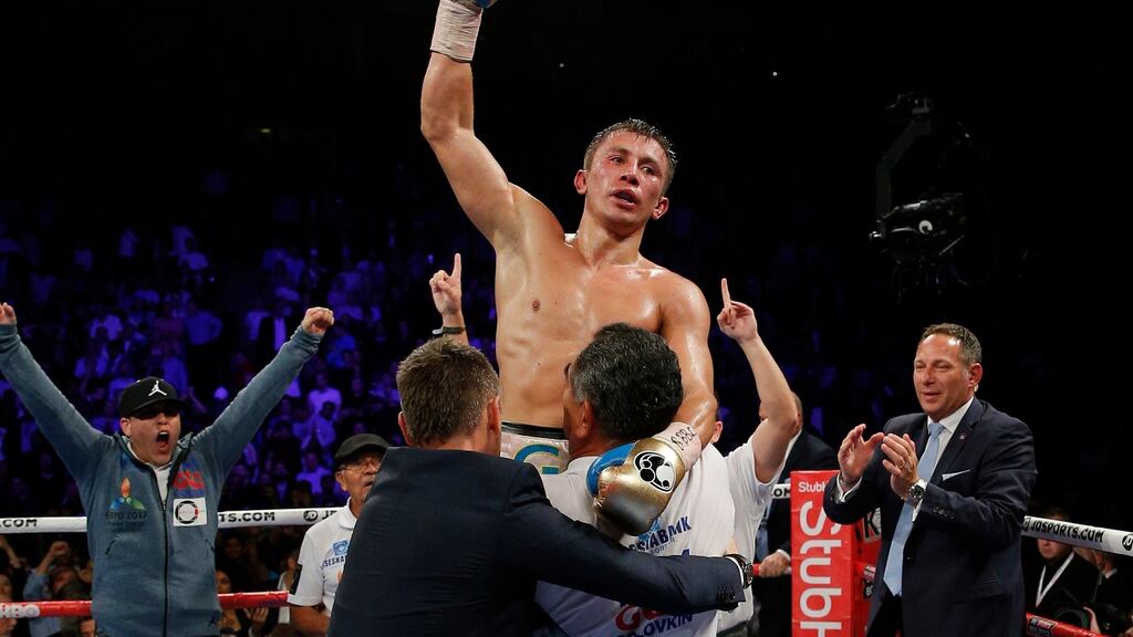 Gennady Golovkin celebrates his win over Kell Brook at The 02 Arena in London. Photograph: Andrew Couldridge/Action Images via Reuters/Livepic