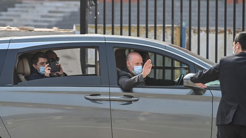 Vladimir G Dedkov (L) and Peter Daszak (R), along with other members of the WHO team investigating the origins of the coronavirus, leave the Wuhan Institute of Virology in Wuhan in China’s central Hubei province on Wednesday. Photograph: Hector Retamal/AFP/Getty Images