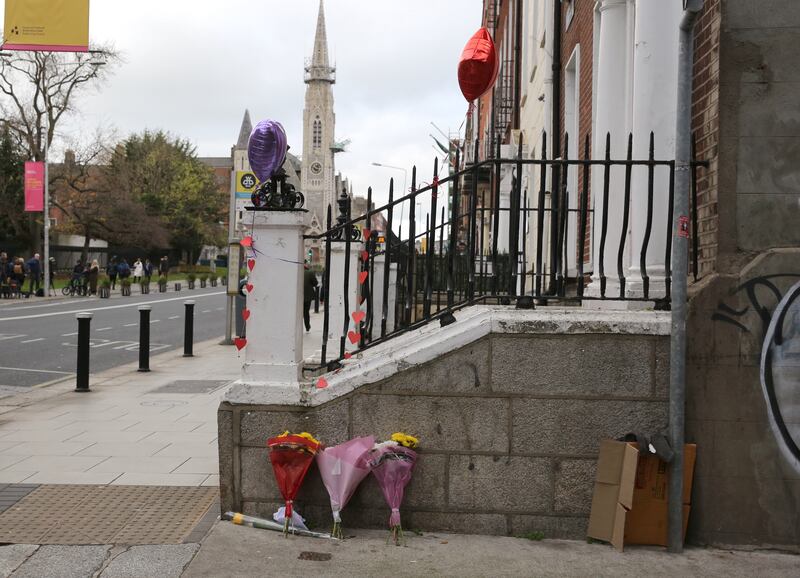 Flowers left close to the scene of the stabbing on Parnell Square. Photograph: Gareth Chaney/Collins Photos
