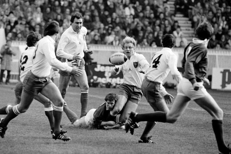 France' Jean-Pierre Rives is tackled by Ireland's Ollie Campbell during a Five Nations game in Paris in January 1984. Photograph: Philippe Bouchon/AFP via Getty Images