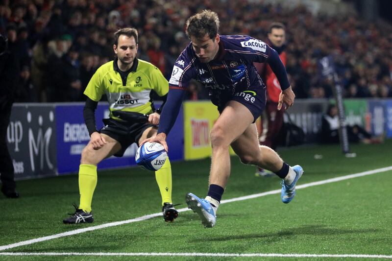 Damian Penaud scores a try for Bordeaux Bègles during the Champions Cups pool game at Kingspan Stadium in December. Photograph: Peter Morrison/AFP via Getty Images