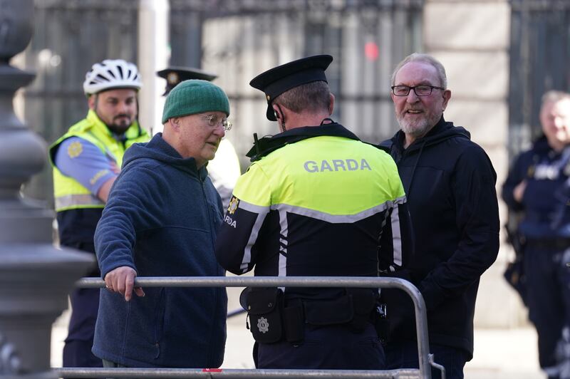 Singer song writer Christy Moore (left) arrives to perform during a national demonstration in support of Palestine at a rally outside Leinster House in Dublin. Photograph: Brian Lawless/PA Wire