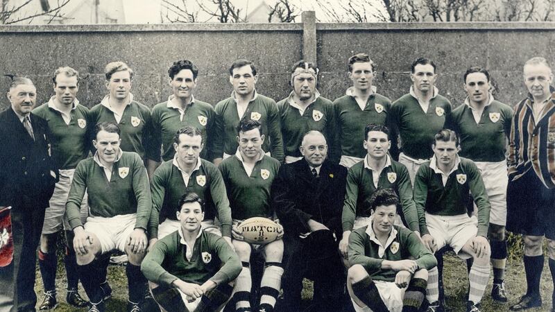 The victorious Irish Rugby team at Ravenhill in 1948, after winning the Triple Crown and Grand Slam