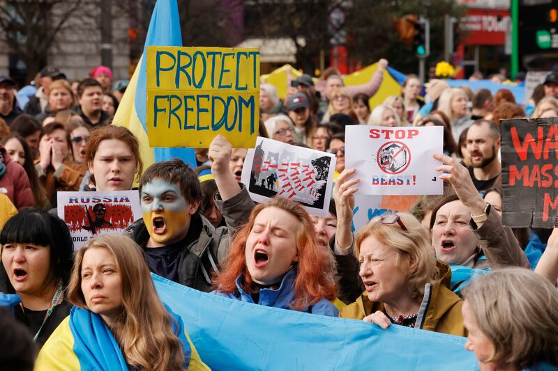 Members of the Ukrainian community in Ireland gather at the GPO to mark the one year anniversary of the start of the Russian war against Ukraine. Photograph: Alan Betson