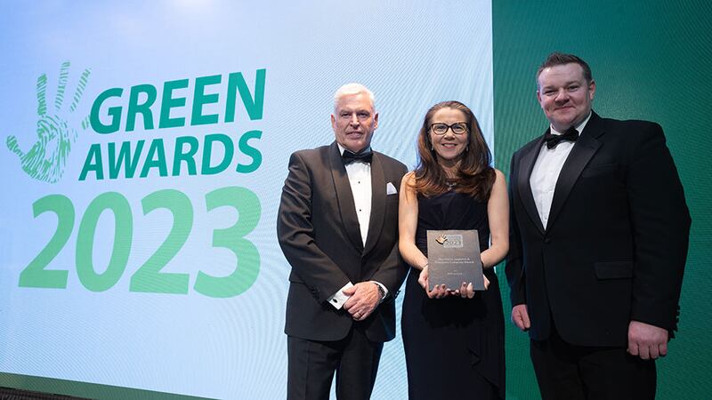 Tracey Donnery, director of policy and communications, Skillnet Ireland, presents the Green Logistics and Transport Company Award to Des Travers and Darragh Lowry, DPD Ireland.