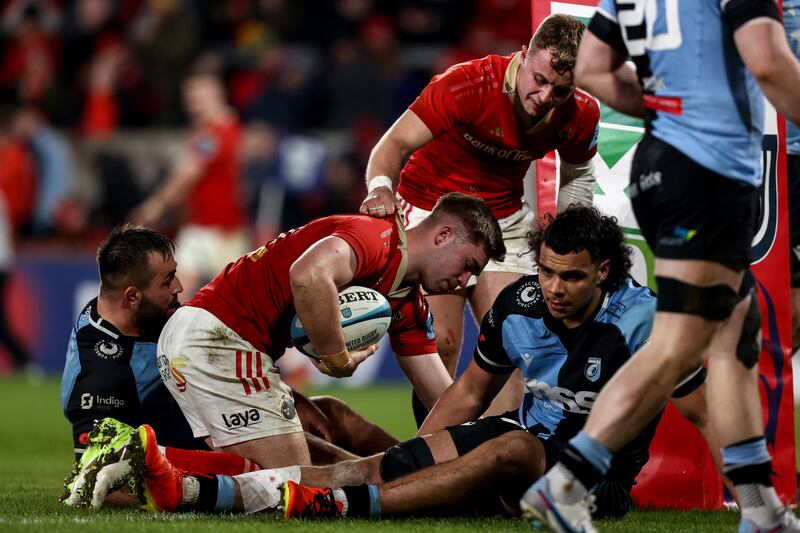 Munster's Jack Crowley celebrates after scoring a try with Craig Casey. Photograph: Ben Brady/Inpho