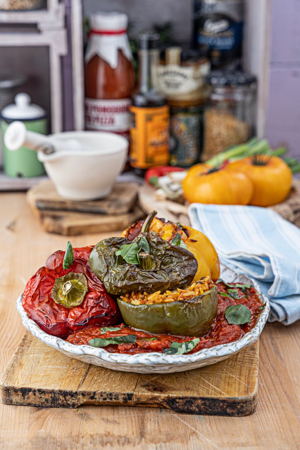 Stuffed peppers baked in tomato and basil sauce. Photograph: Harry weir Photography