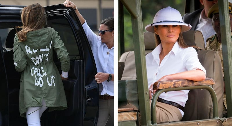 Melania Trump in McAllen, Texas, in 2018; and on a visit to Kenya in 2018. Photographs: Andrew Harnik/AP and Doug Mills/New York Times