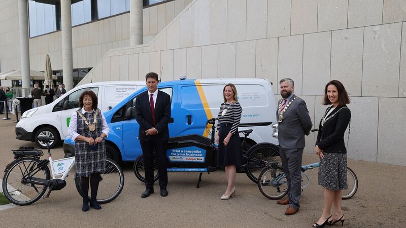 Eamon Ryan (second from left) and four Dublin mayors,  Cllr Lettie McCarthy; Dun Laoghaire Rathdown;  Seána Ó Rodaigh, Mayor of Fingal; Peter Kavanagh, Mayor, South Dublin County Council and Alison Gilliland, Lord Mayor of Dublin during the launch of Dublin’s first Climate Action Week, taking place from Monday 13th to Sunday 19th September. Photograph: Nick Bradshaw/The Irish Times
