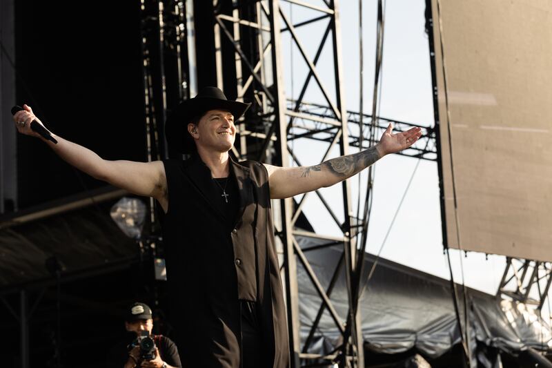 Danny O'Donoghue of The Script performing at Slane Castle, supporting Luke Combs. Photograph: Kieran Frost