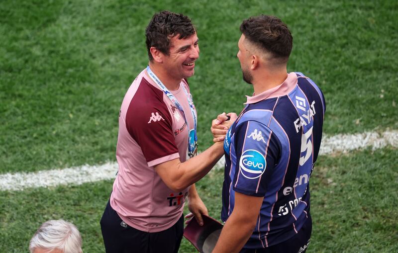 Union Bordeaux Bègles' attack coach Noel McNamara and Adam Coleman celebrate after the match. Photograph: Nick Elliott/Inpho