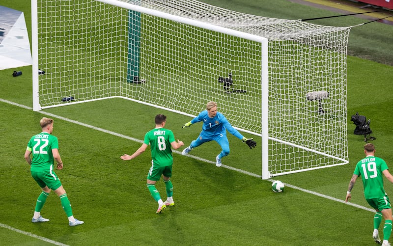 Ireland goalkeeper Caoimhin Kelleher watches the ball go just wide at the Aviva Stadium on Friday. Photograph: Laszlo Geczo/Inpho