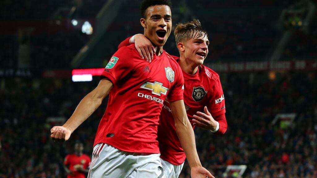 Mason Greenwood of Manchester United celebrates scoring against Rochdale. Photograph: Alex Livesey/Getty Images