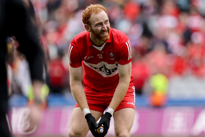 Derry's Conor Glass dejected after losing against Dublin in the 2023 All-Ireland Senior Championship semi-final in Croke Park. Photograph: Ben Brady